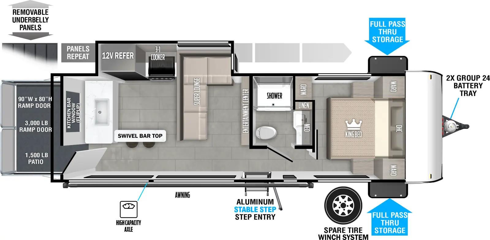 The Salem FSX 269VC floorplan is a toy hauler that has one entry and one slide out. Exterior features include: metal exterior. Interiors features include: front bedroom.